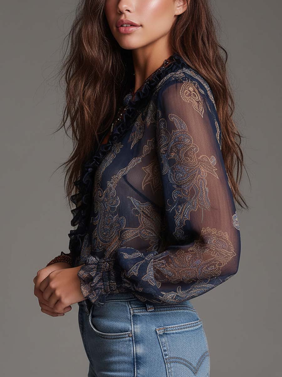 Camicetta in chiffon blu navy con volant