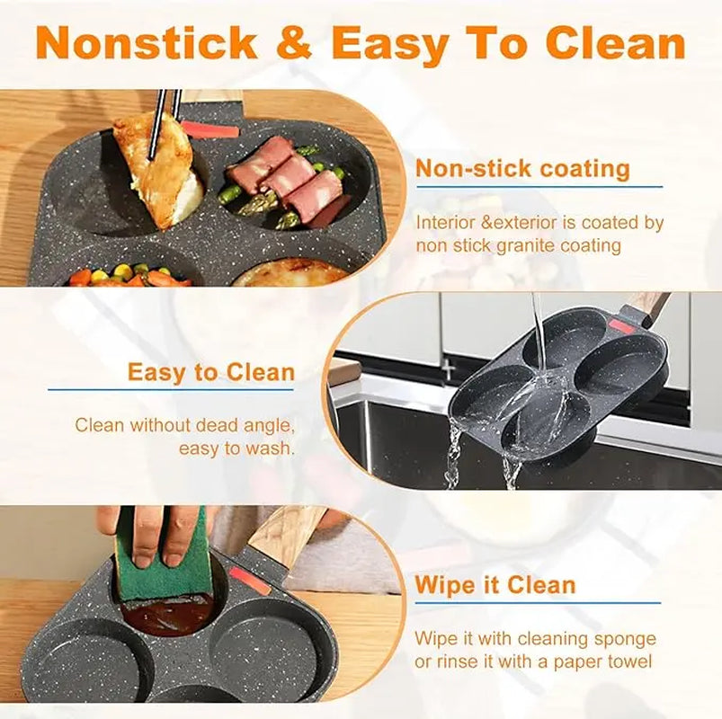 Non-Stick Egg Frying Pan, 4 Holes Skillet with Handle, Multifunctional, Wooden Handle Medical Stone Omelet Non-Stick Cookware Frying Pan
