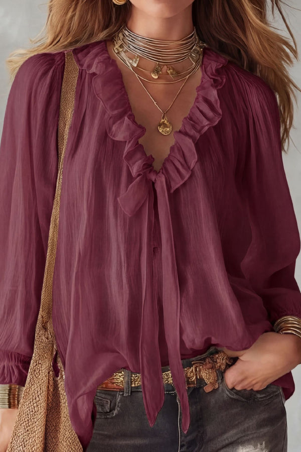 Top in camicia a maniche lunghe con scollo a V