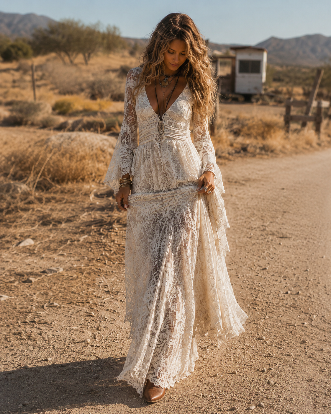 Serena | Abito Maxi in Pizzo con Maniche a Campana, Avorio