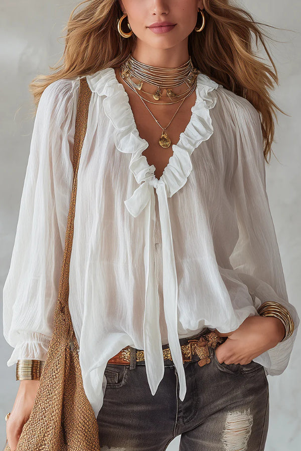 Top in camicia a maniche lunghe con scollo a V