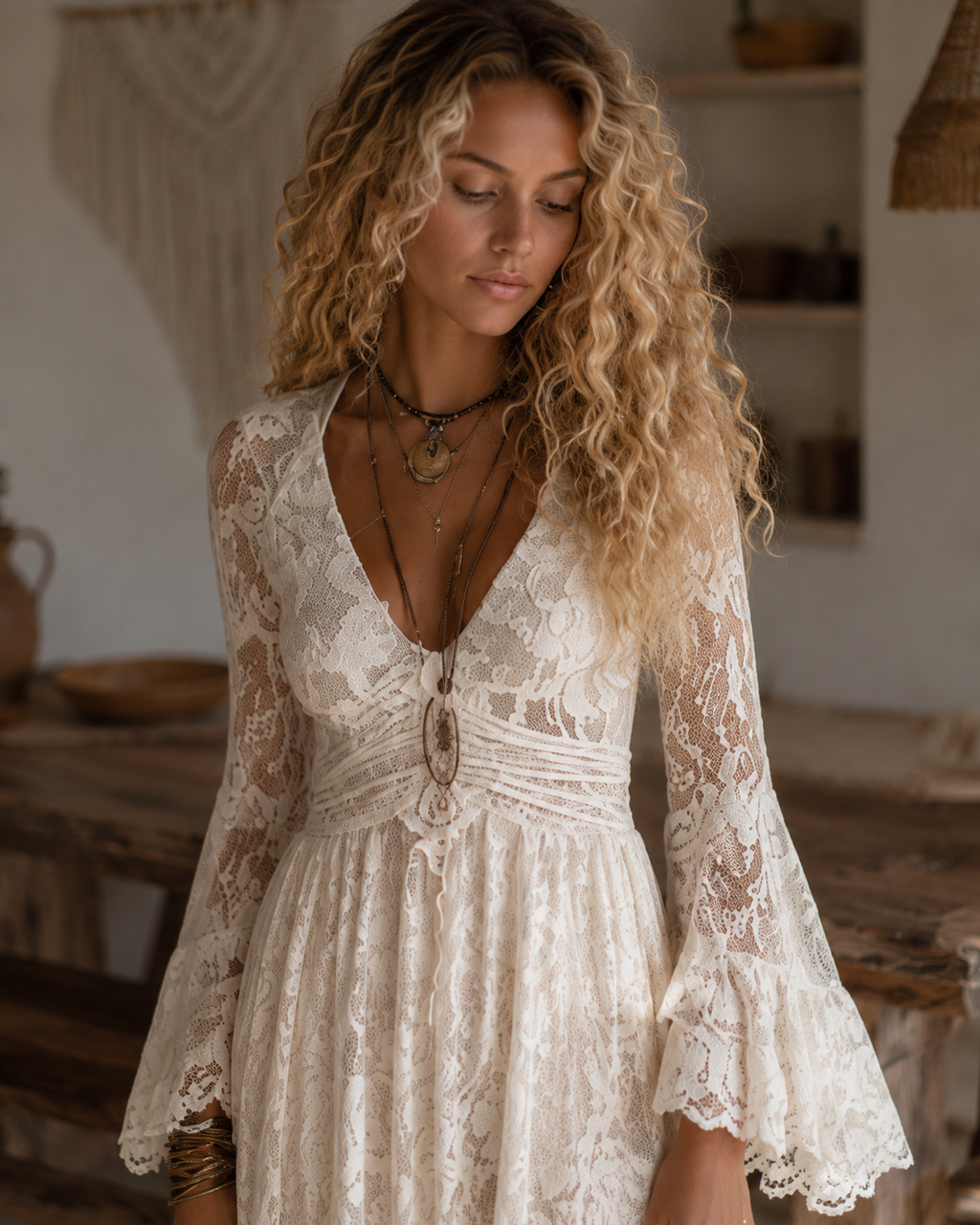 Serena | Abito Maxi in Pizzo con Maniche a Campana, Avorio