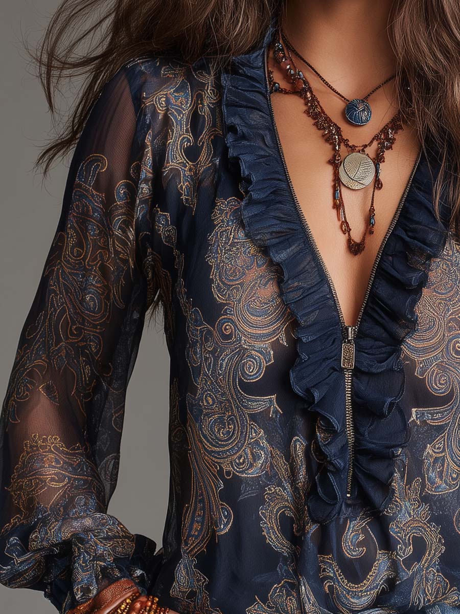 Camicetta in chiffon blu navy con volant