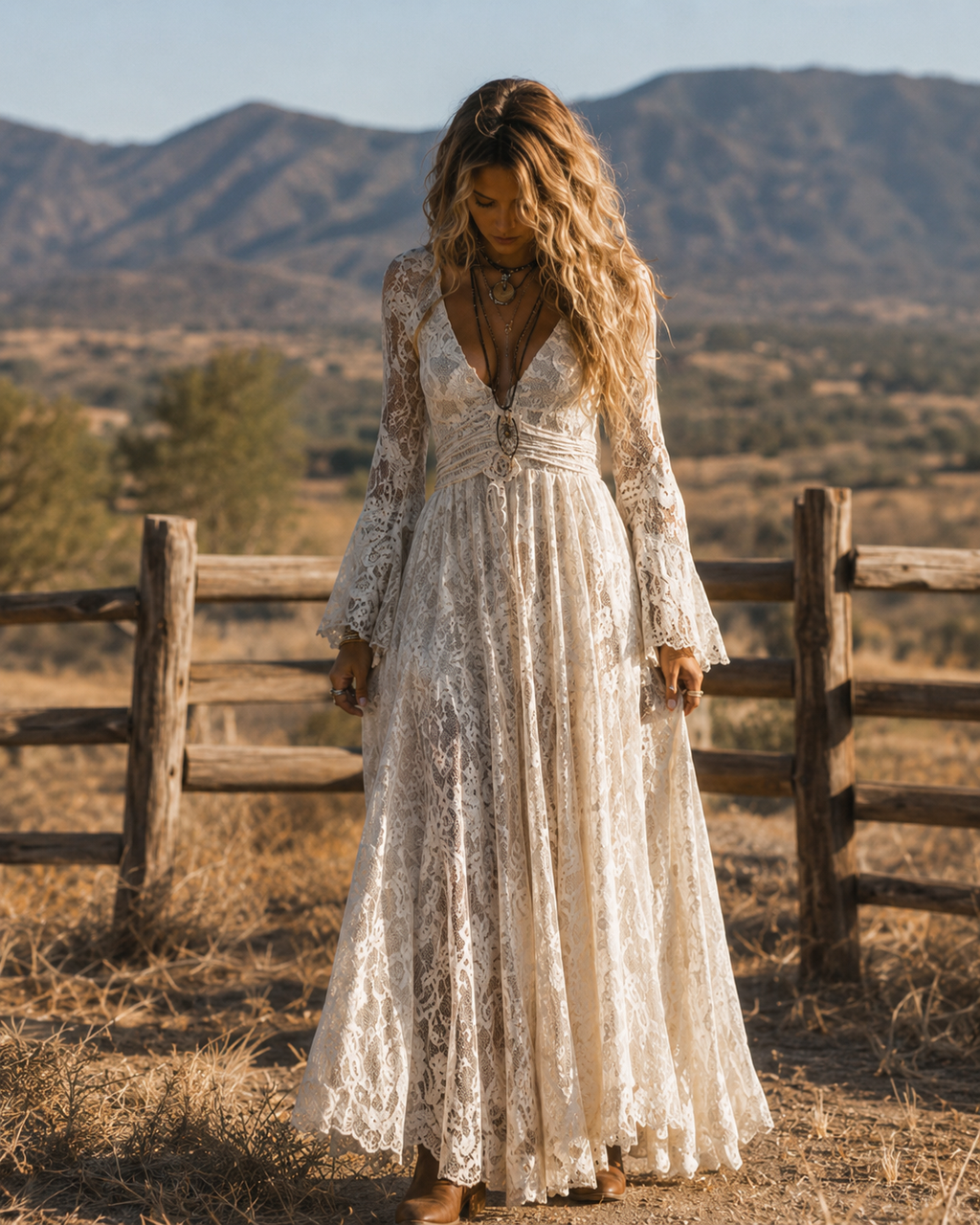 Serena | Abito Maxi in Pizzo con Maniche a Campana, Avorio
