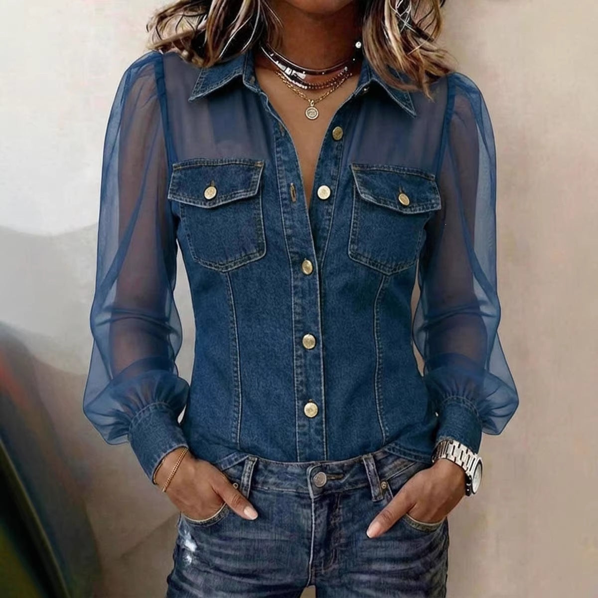 Camicetta da donna casual in denim patchwork