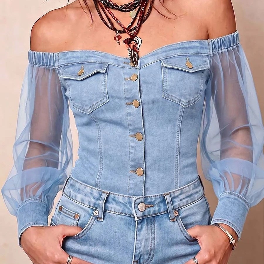 Top con spalle scoperte e maniche in rete denim