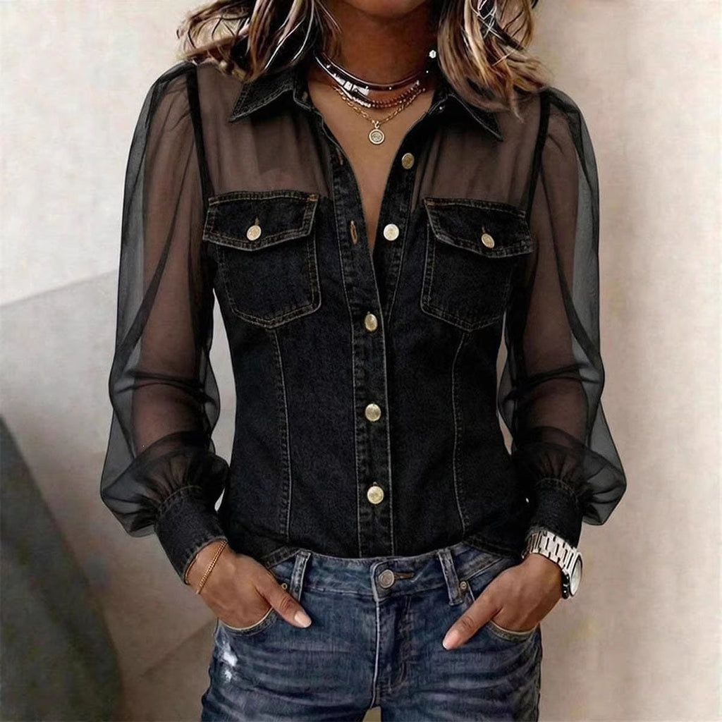 Camicetta da donna casual in denim patchwork