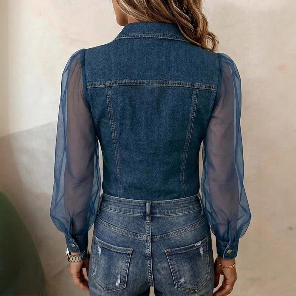 Camicetta da donna casual in denim patchwork