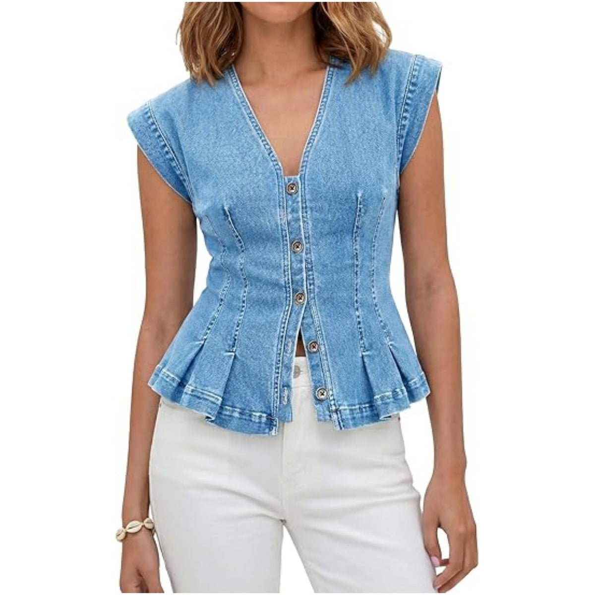 Top peplum in denim con scollo a V