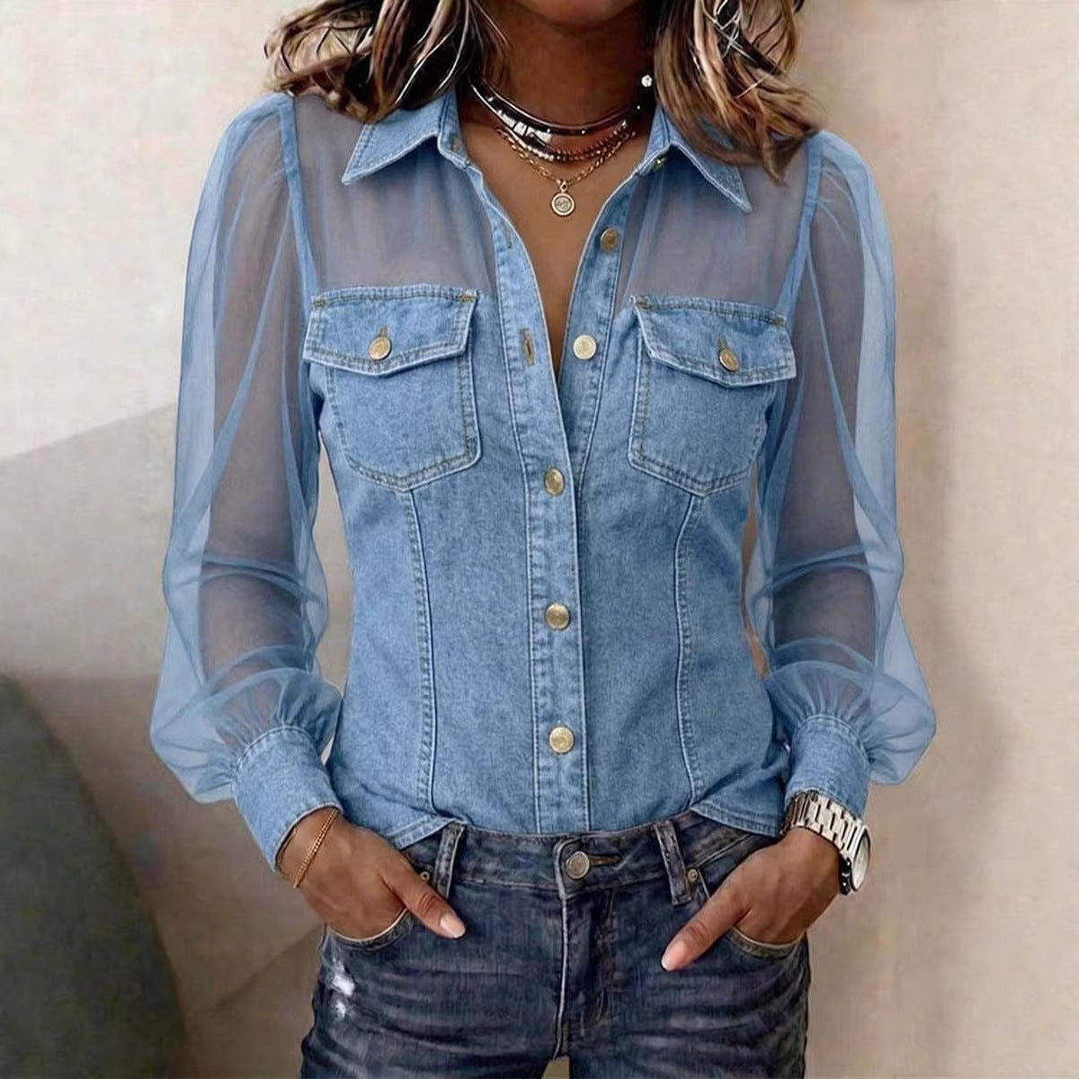 Camicetta da donna casual in denim patchwork