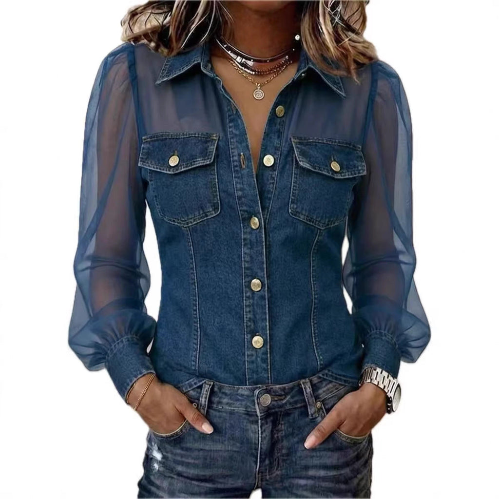 Camicetta da donna casual in denim patchwork