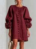 Ilaria | Abito Mini in Misto Lino con Polsini a Rosa, Bordeaux