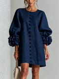 Marina | Abito Mini in Misto Lino con Polsini a Rosa, Blu Navy