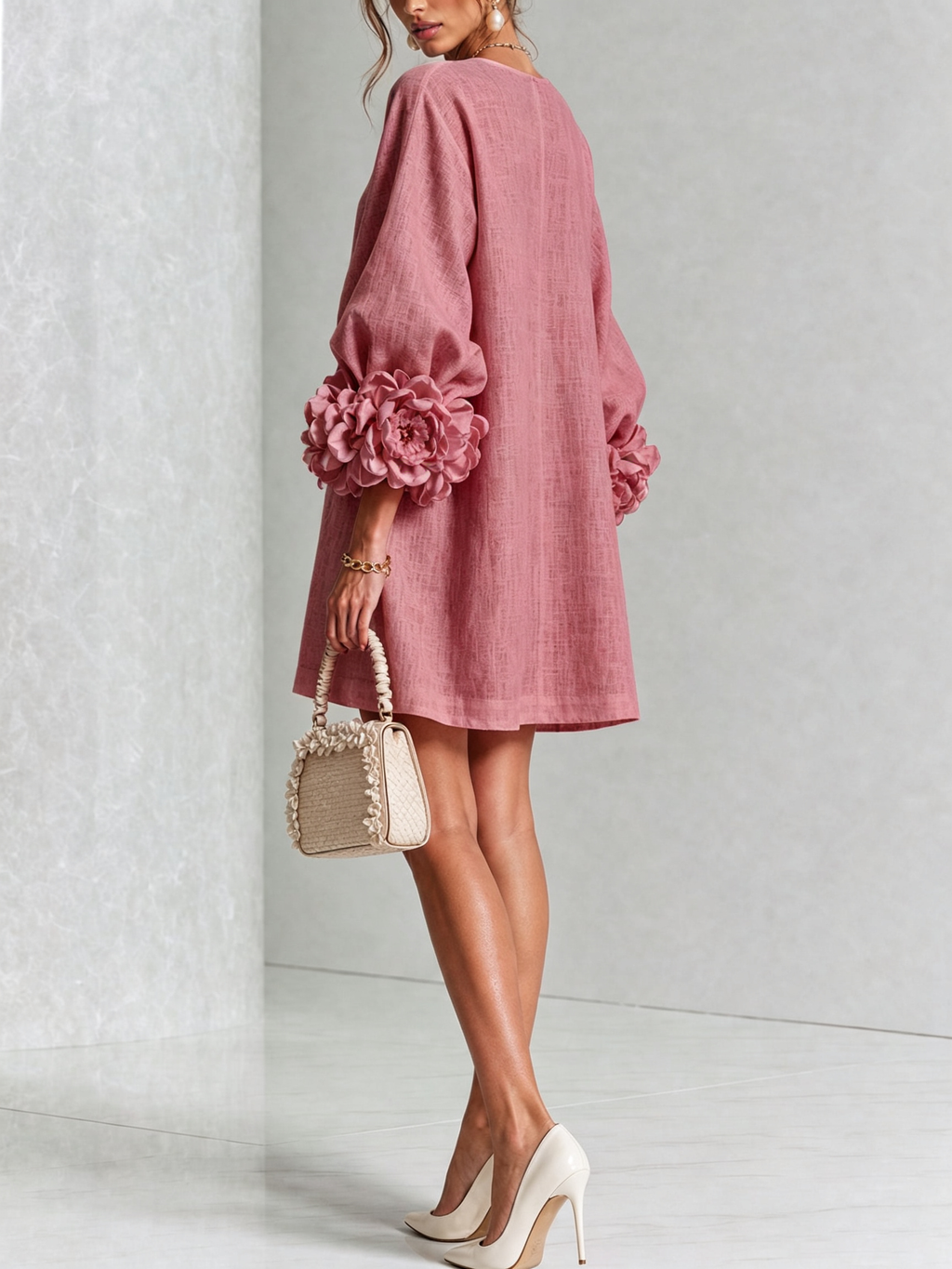 Alba | Abito Mini in Misto Lino con Polsini a Rosa, Rosa Antico