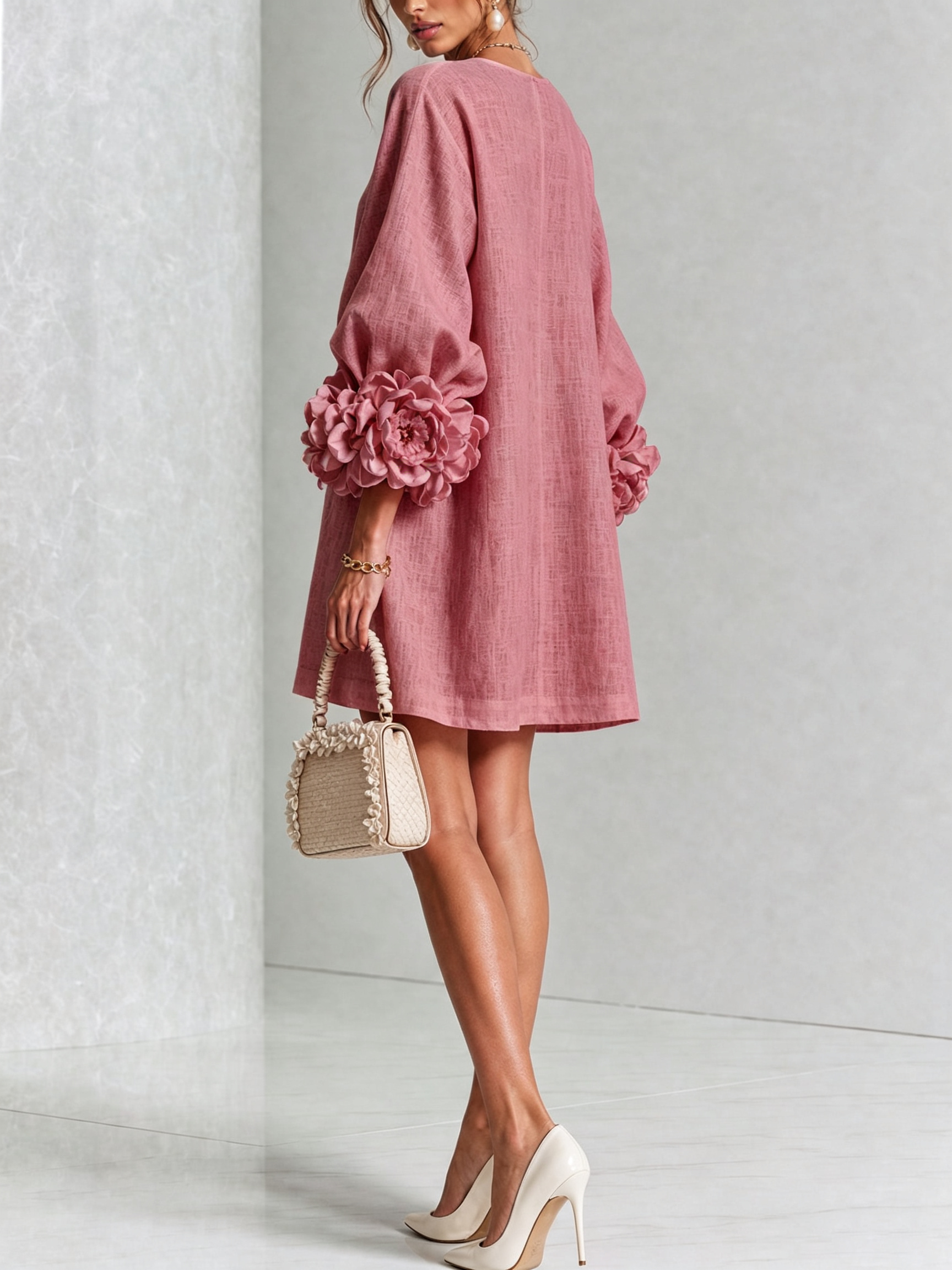 Alba | Abito Mini in Misto Lino con Polsini a Rosa, Rosa Antico