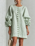 Delia | Abito Mini in Misto Lino con Polsini a Rosa, Verde Salvia