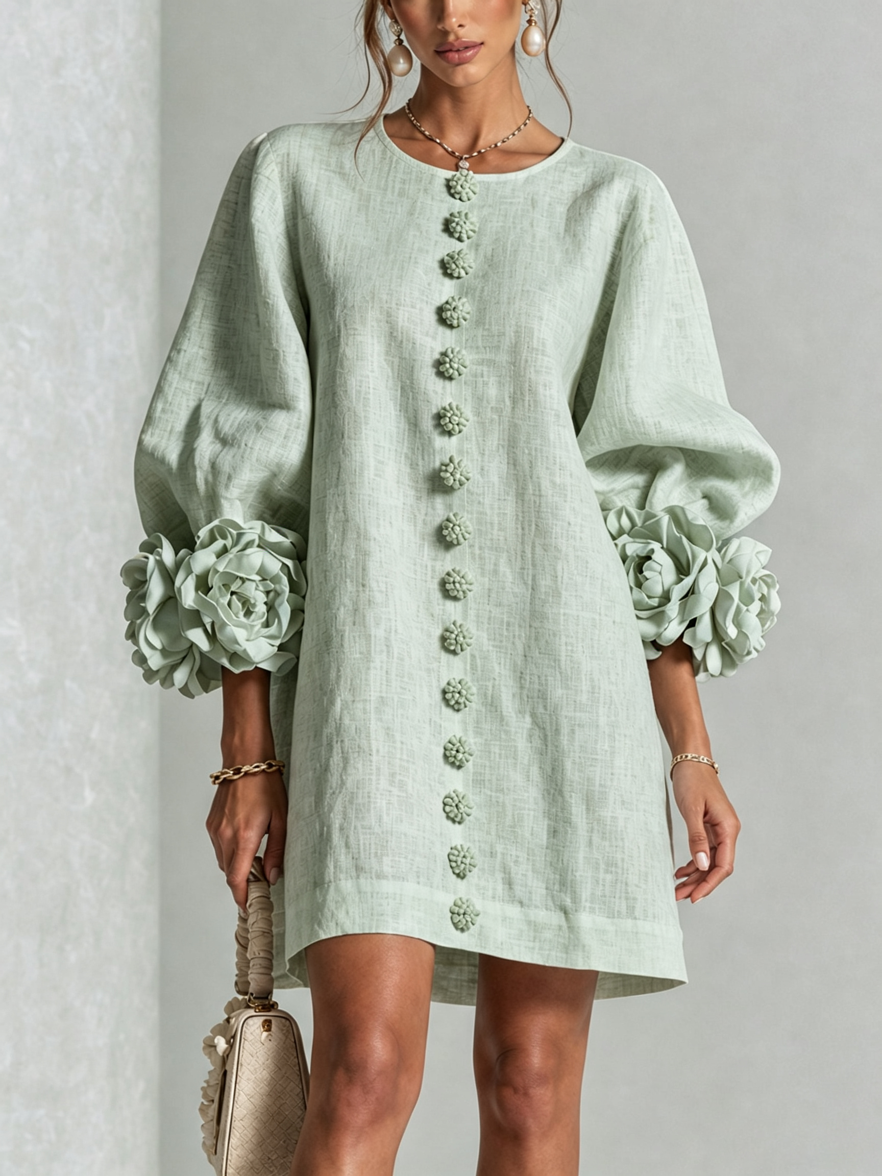 Delia | Abito Mini in Misto Lino con Polsini a Rosa, Verde Salvia