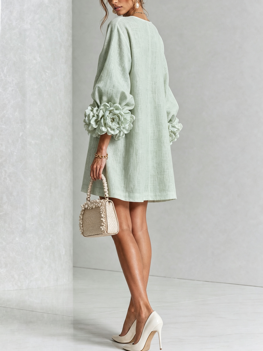 Delia | Abito Mini in Misto Lino con Polsini a Rosa, Verde Salvia