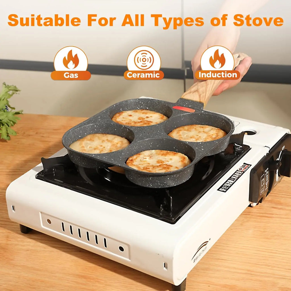 Non-Stick Egg Frying Pan, 4 Holes Skillet with Handle, Multifunctional, Wooden Handle Medical Stone Omelet Non-Stick Cookware Frying Pan
