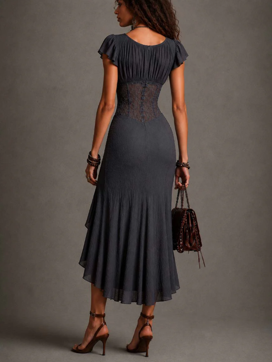 Carmen | Abito Midi in Pizzo e Chiffon con Scollo a V, Grigio Antracite